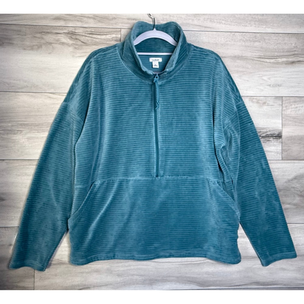 L.L.Bean Teal Ribbed Velour Quarter Zip Pullover Women's Large